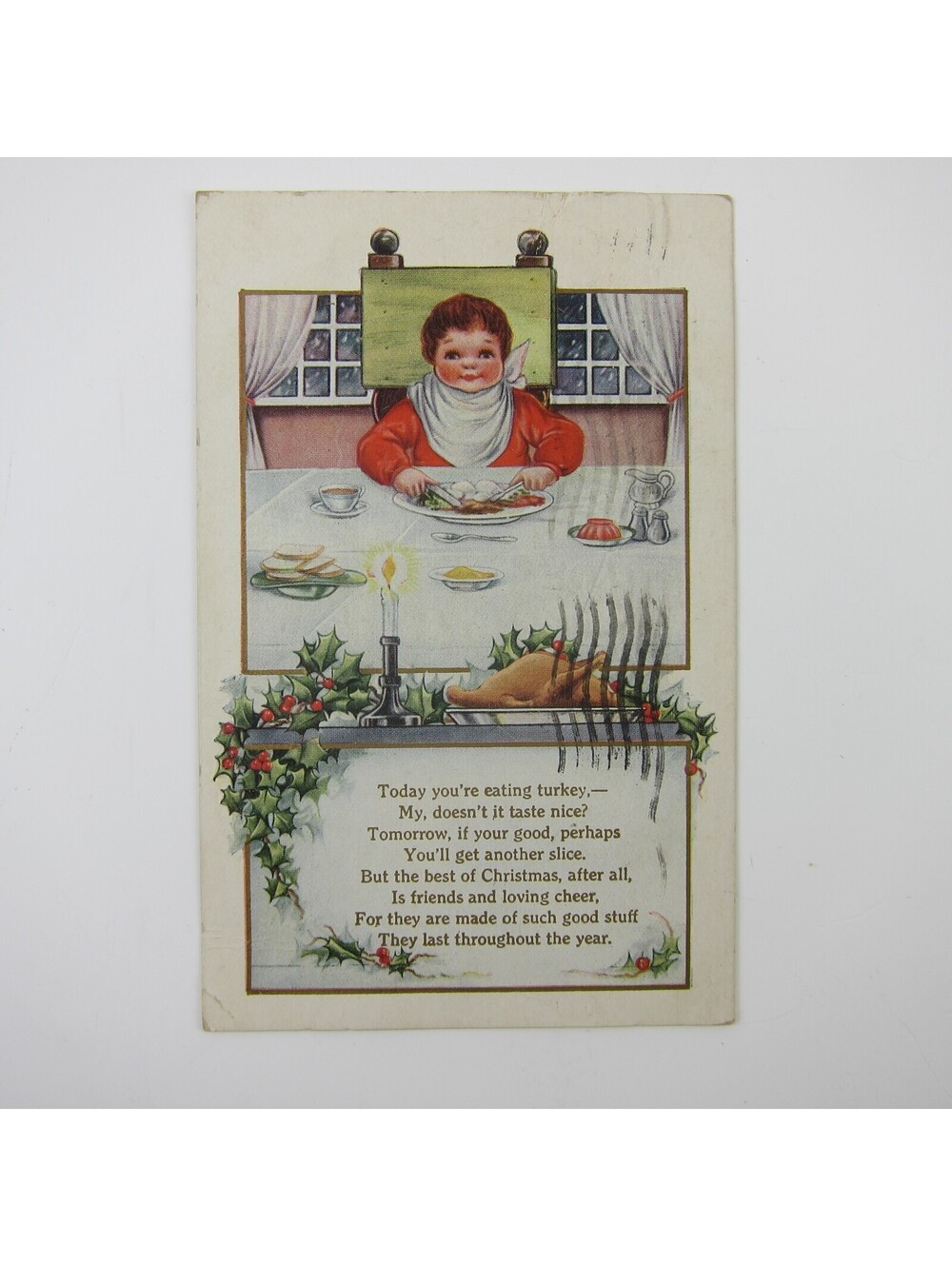 Christmas Postcard Boy Eats Holiday Dinner Candle Holly Embossed Whitney Antique